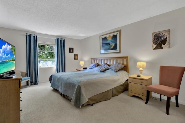 carpeted bedroom featuring baseboards and a textured ceiling