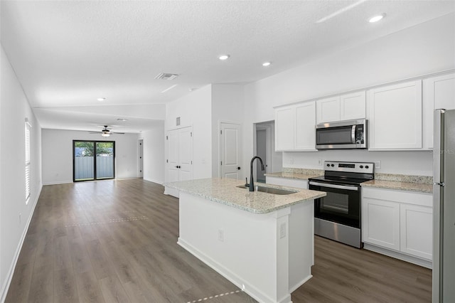 kitchen with a ceiling fan, a sink, stainless steel appliances, vaulted ceiling, and open floor plan