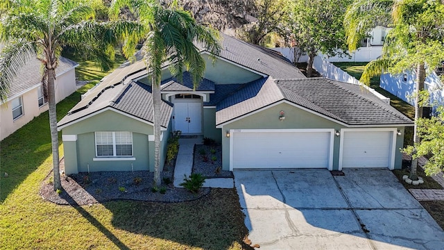 view of front of house with an attached garage, a shingled roof, stucco siding, a front lawn, and concrete driveway