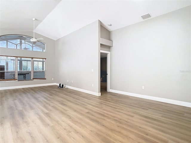 unfurnished living room with visible vents, baseboards, a ceiling fan, and light wood finished floors