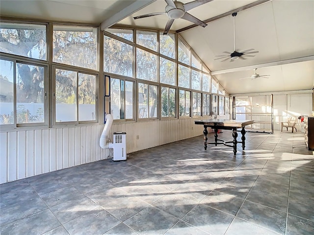 sunroom featuring lofted ceiling with beams, billiards, and ceiling fan