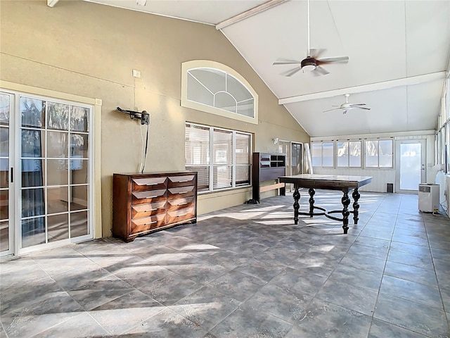 rec room featuring beamed ceiling, high vaulted ceiling, and ceiling fan