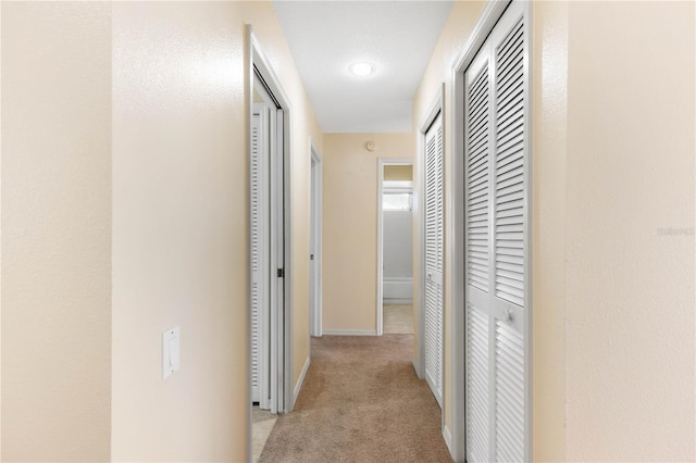 hall with light carpet and baseboards