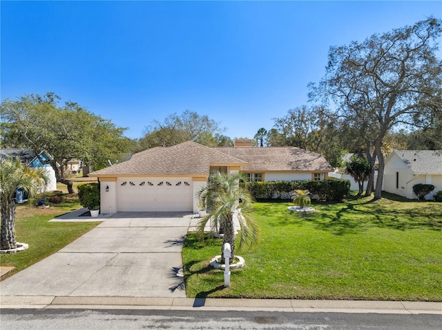 single story home featuring a front yard, stucco siding, a chimney, a garage, and driveway