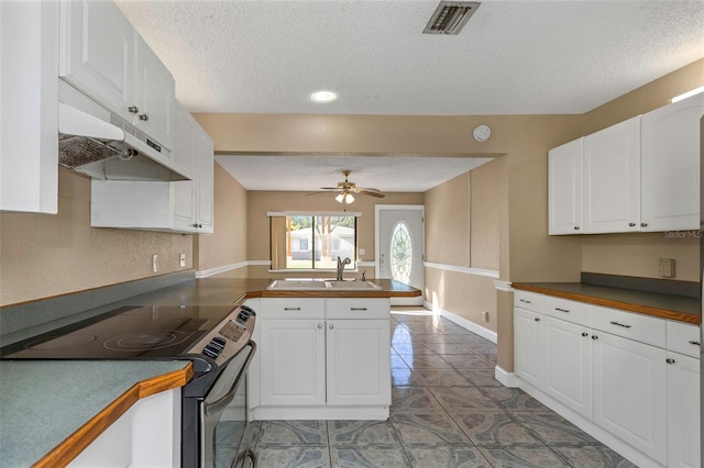 kitchen featuring visible vents, electric stove, a sink, under cabinet range hood, and a peninsula