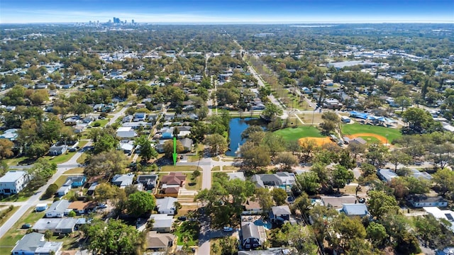 bird's eye view featuring a residential view and a water view