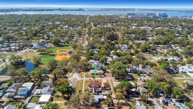 aerial view featuring a residential view and a water view