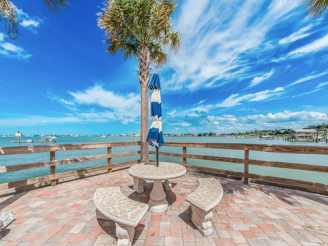 view of patio featuring a water view