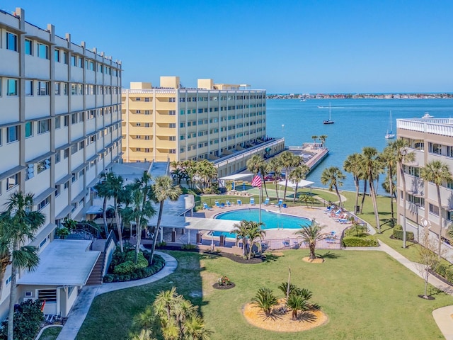 drone / aerial view with a water view