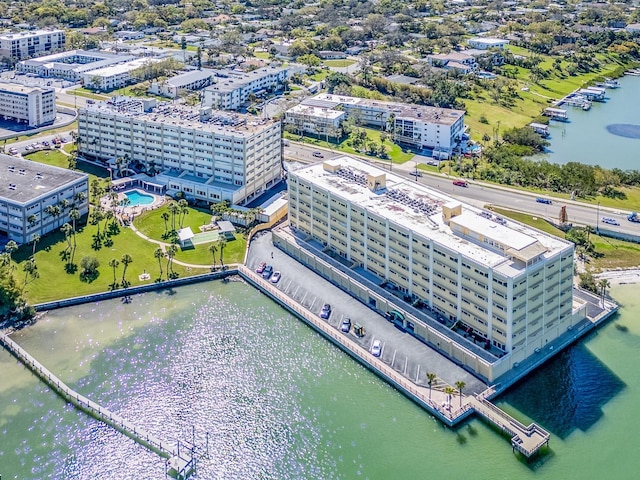 drone / aerial view with a water view and a city view