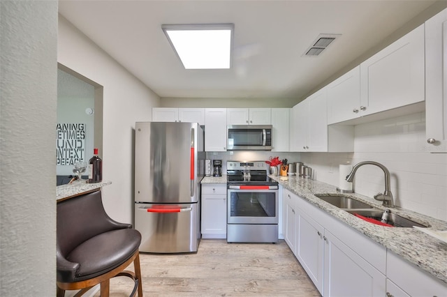 kitchen featuring visible vents, light wood-style flooring, a sink, white cabinets, and appliances with stainless steel finishes