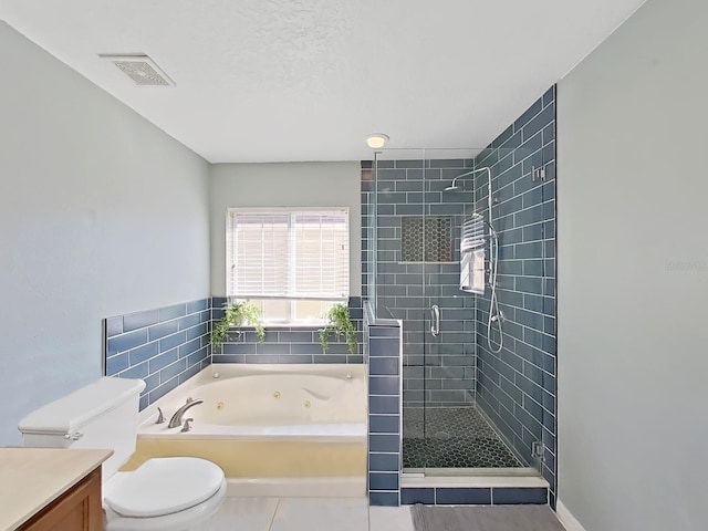 full bath with vanity, visible vents, a whirlpool tub, a shower stall, and toilet