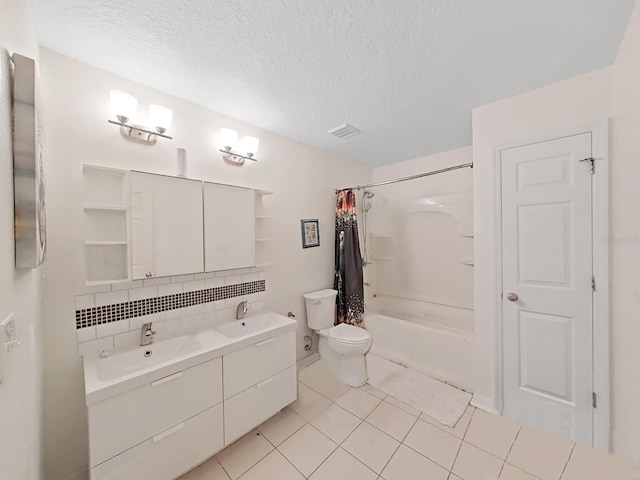 full bath with tasteful backsplash, visible vents, toilet, shower / bath combination with curtain, and a sink