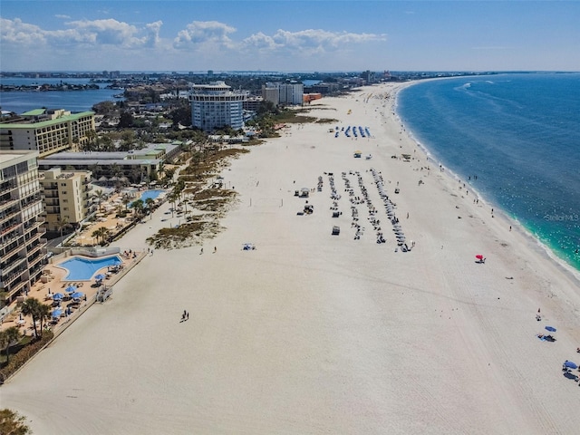 bird's eye view with a view of city, a view of the beach, and a water view