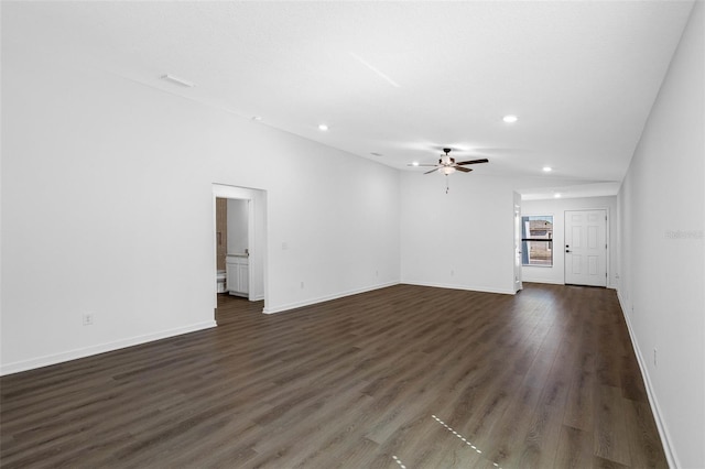 interior space featuring dark wood finished floors, recessed lighting, baseboards, and ceiling fan