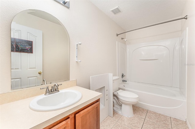 bathroom featuring visible vents, tile patterned flooring, a textured ceiling, shower / bathing tub combination, and toilet