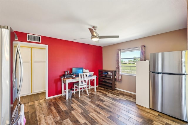 1021 Augusta Dr, Sun City Center, FL 33573 - office space with visible vents, baseboards, a ceiling fan, and wood finished floors