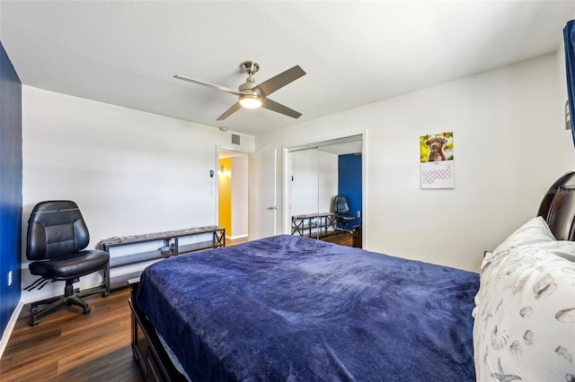 1021 Augusta Dr, Sun City Center, FL 33573 - bedroom featuring visible vents, a ceiling fan, and wood finished floors