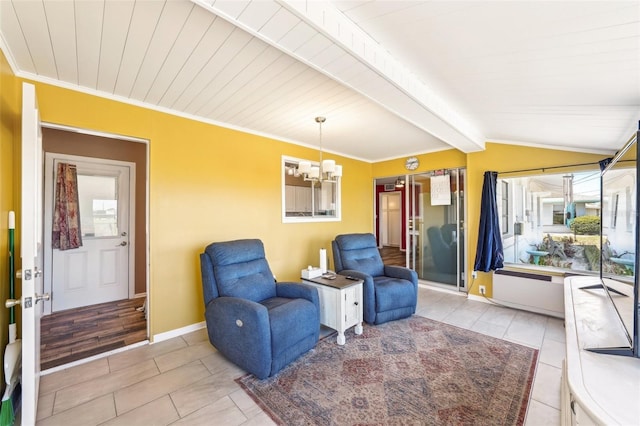 1021 Augusta Dr, Sun City Center, FL 33573 - sitting room with lofted ceiling with beams, baseboards, an inviting chandelier, and ornamental molding