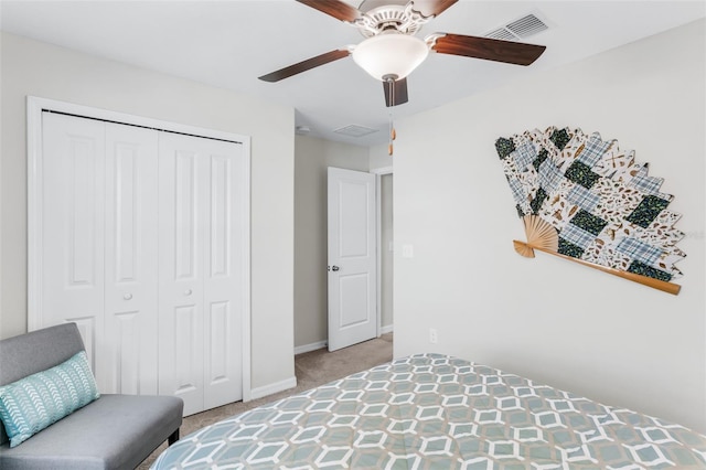 10105 Paradise Fish Dr, Riverview, FL 33578 - bedroom featuring visible vents, a closet, baseboards, light colored carpet, and ceiling fan