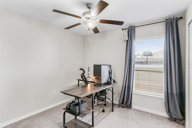 10105 Paradise Fish Dr, Riverview, FL 33578 - office with baseboards, light carpet, and a ceiling fan