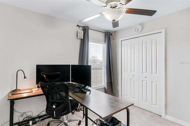 10105 Paradise Fish Dr, Riverview, FL 33578 - office area featuring light carpet, baseboards, and a ceiling fan