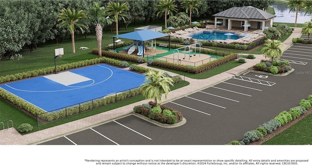 view of basketball court featuring community basketball court, fence, a gazebo, a yard, and a community pool