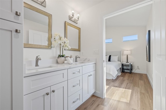 bathroom featuring double vanity, wood finished floors, baseboards, and a sink