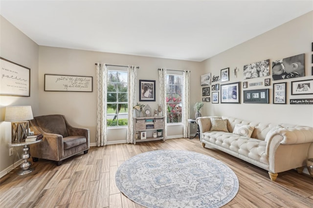 living area with baseboards and wood finished floors