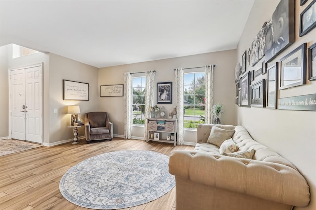 living room with baseboards and wood finished floors