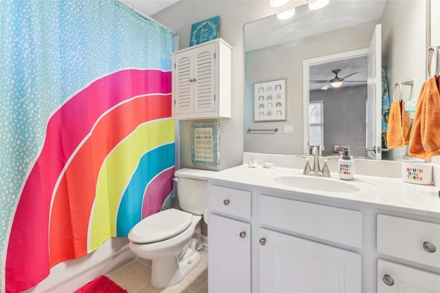 full bath featuring a shower with curtain, toilet, vanity, and tile patterned flooring