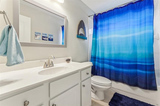 bathroom featuring tile patterned flooring, shower / bath combination with curtain, toilet, and vanity