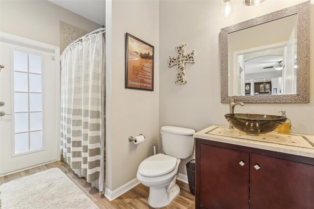 bathroom with curtained shower, baseboards, toilet, wood finished floors, and vanity