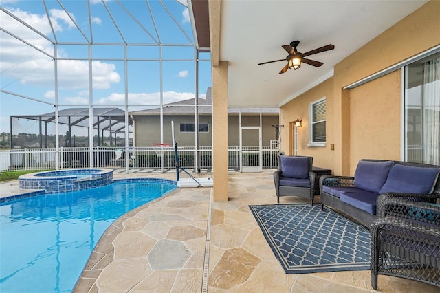 view of pool with ceiling fan, fence, glass enclosure, outdoor lounge area, and a patio area