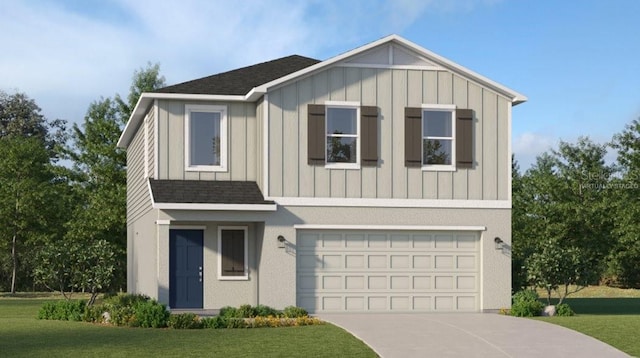 view of front facade with a garage, concrete driveway, a front lawn, and roof with shingles