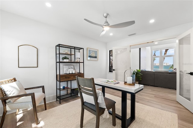 517 Belle Isle Ave, Belleair Beach, FL 33786 - home office with light wood-type flooring, baseboards, visible vents, ceiling fan, and recessed lighting