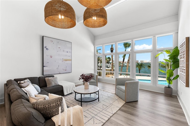 517 Belle Isle Ave, Belleair Beach, FL 33786 - living room with baseboards, high vaulted ceiling, and light wood-type flooring