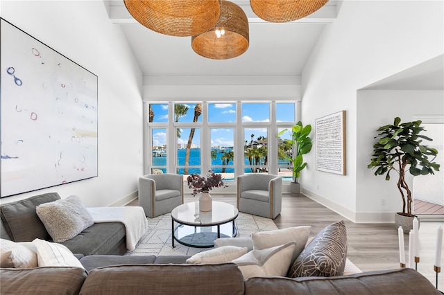 517 Belle Isle Ave, Belleair Beach, FL 33786 - living area with baseboards, a water view, high vaulted ceiling, and wood finished floors