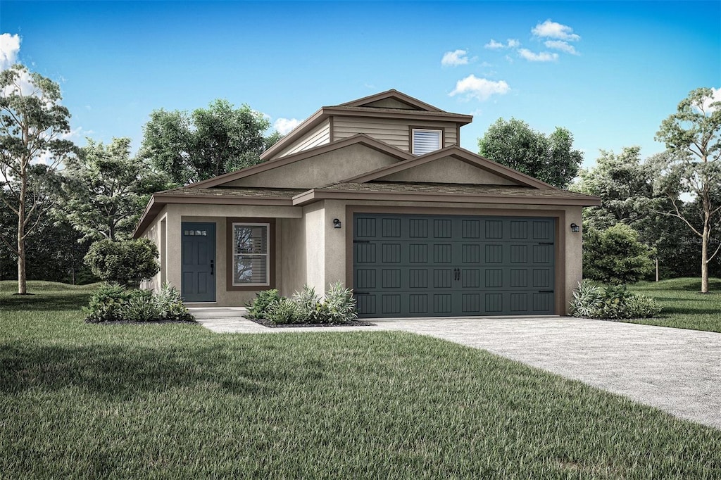 view of front of home with a garage, concrete driveway, a front lawn, and stucco siding