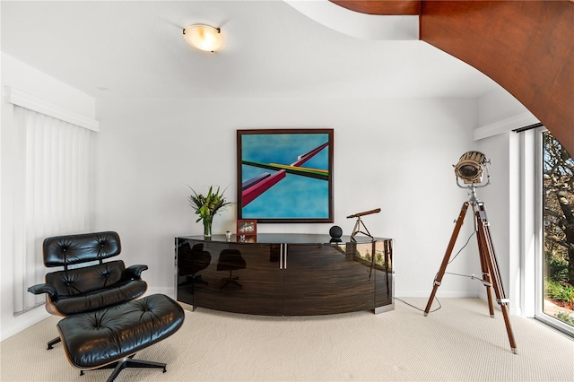 520 Belle Isle Ave, Belleair Beach, FL 33786 - living area featuring baseboards, arched walkways, and carpet flooring