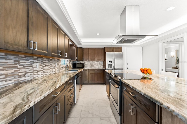 520 Belle Isle Ave, Belleair Beach, FL 33786 - kitchen with island exhaust hood, marble finish floor, light stone countertops, and stainless steel appliances