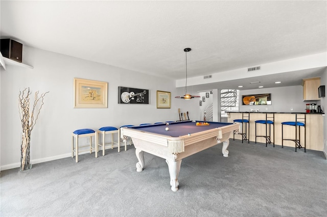 520 Belle Isle Ave, Belleair Beach, FL 33786 - playroom featuring pool table, bar, visible vents, and carpet floors