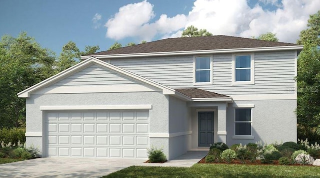 traditional home featuring a garage, driveway, and stucco siding