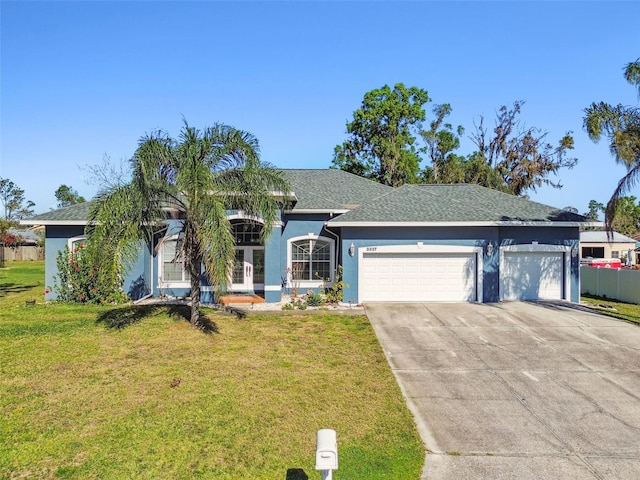 single story home with a front lawn, concrete driveway, roof with shingles, stucco siding, and a garage