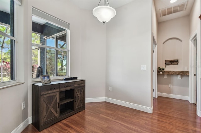 interior space with dark wood-type flooring, plenty of natural light, baseboards, and visible vents