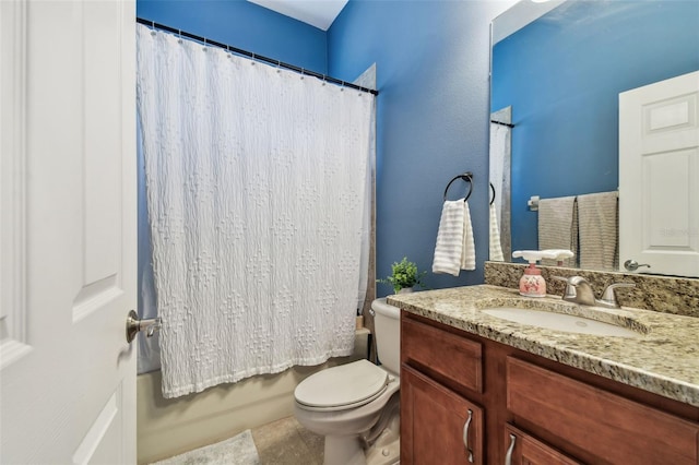 bathroom featuring vanity, toilet, and shower / tub combo with curtain