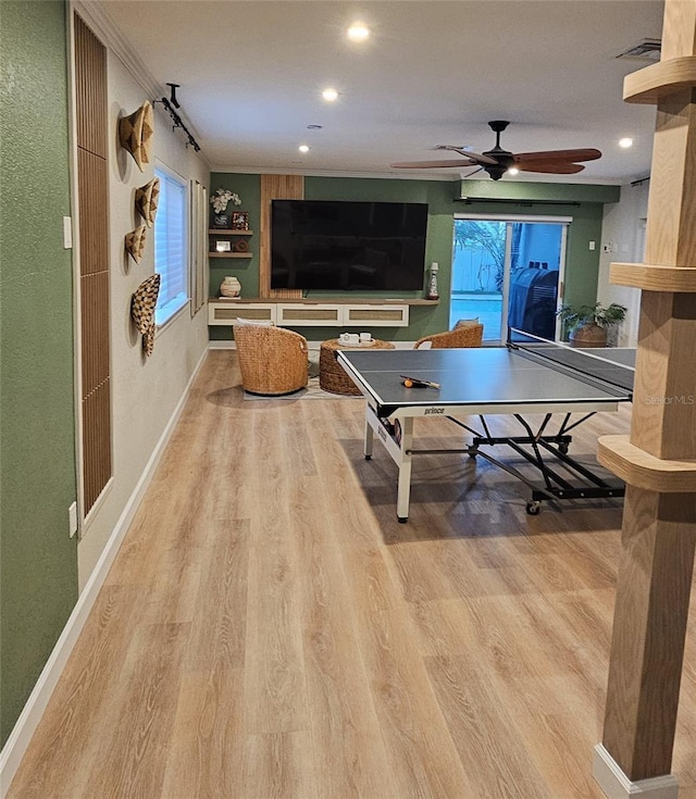 rec room with a ceiling fan, wood finished floors, visible vents, baseboards, and recessed lighting