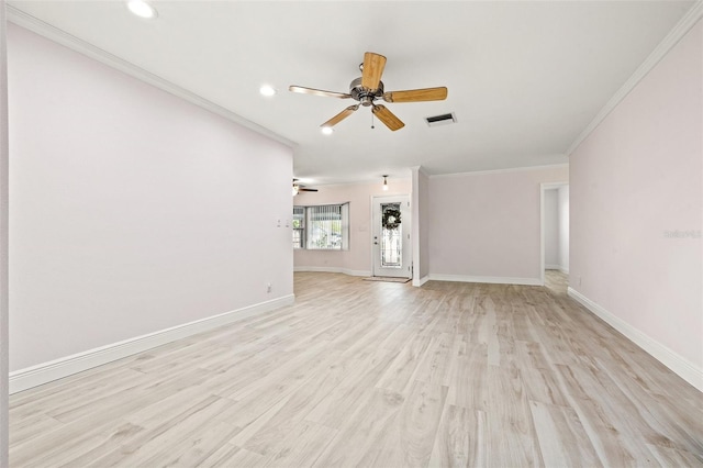 unfurnished living room with a ceiling fan, baseboards, visible vents, light wood-style flooring, and crown molding