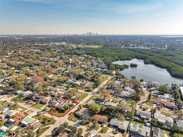 drone / aerial view featuring a water view