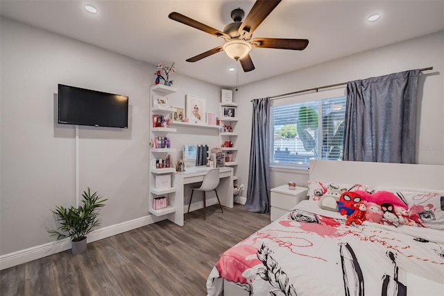 bedroom featuring recessed lighting, baseboards, wood finished floors, and ceiling fan